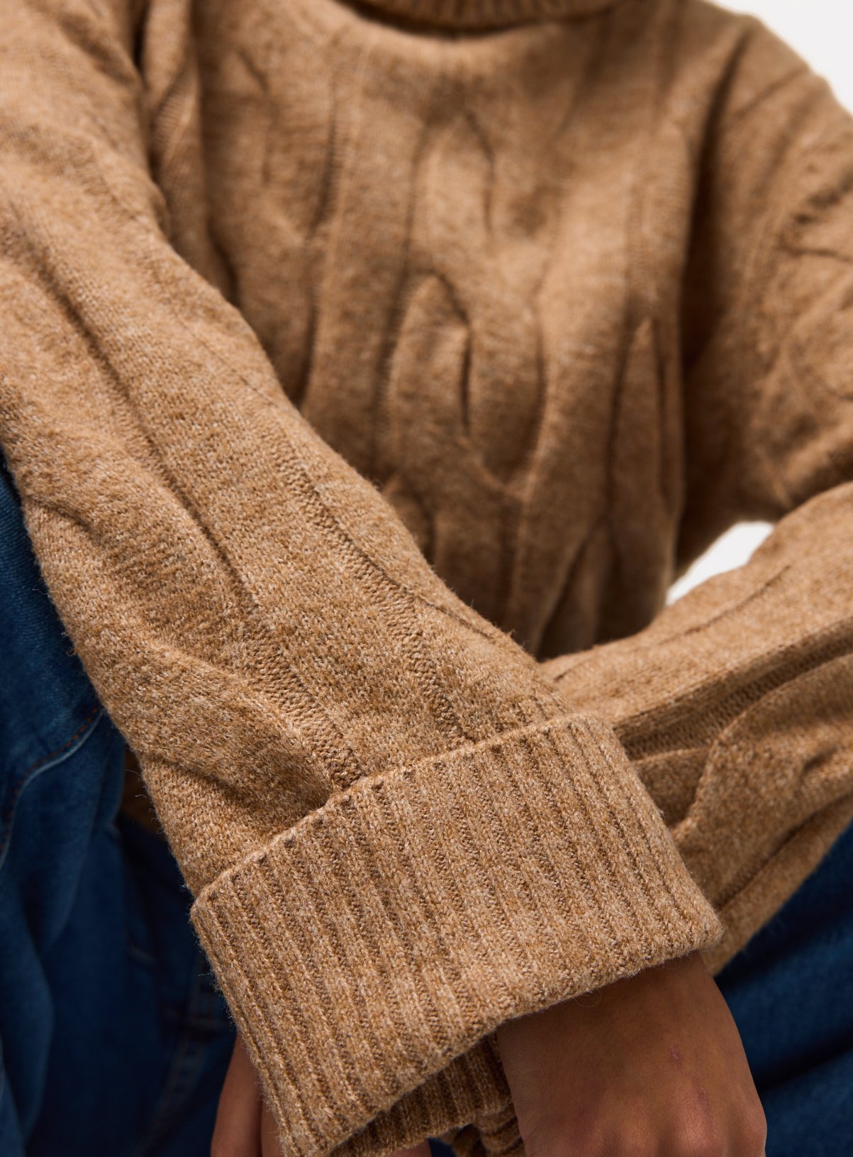 Camel Roll Neck Cable Knitted Jumper S - Image 3 thumbnail