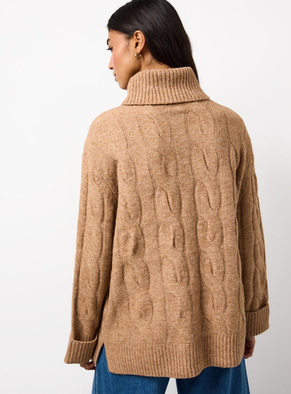 Camel Roll Neck Cable Knitted Jumper S - Image 4 thumbnail