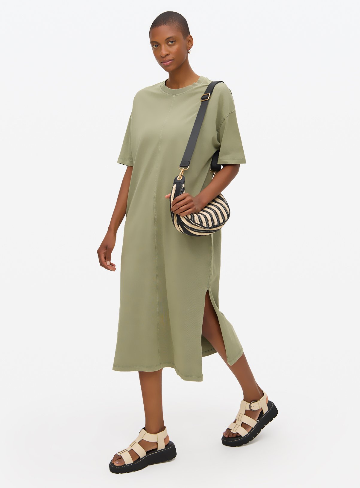 Khaki Acid Wash Midi T-Shirt Dress L - Image 1 thumbnail