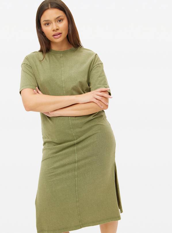 Khaki Acid Wash Midi T-Shirt Dress XS