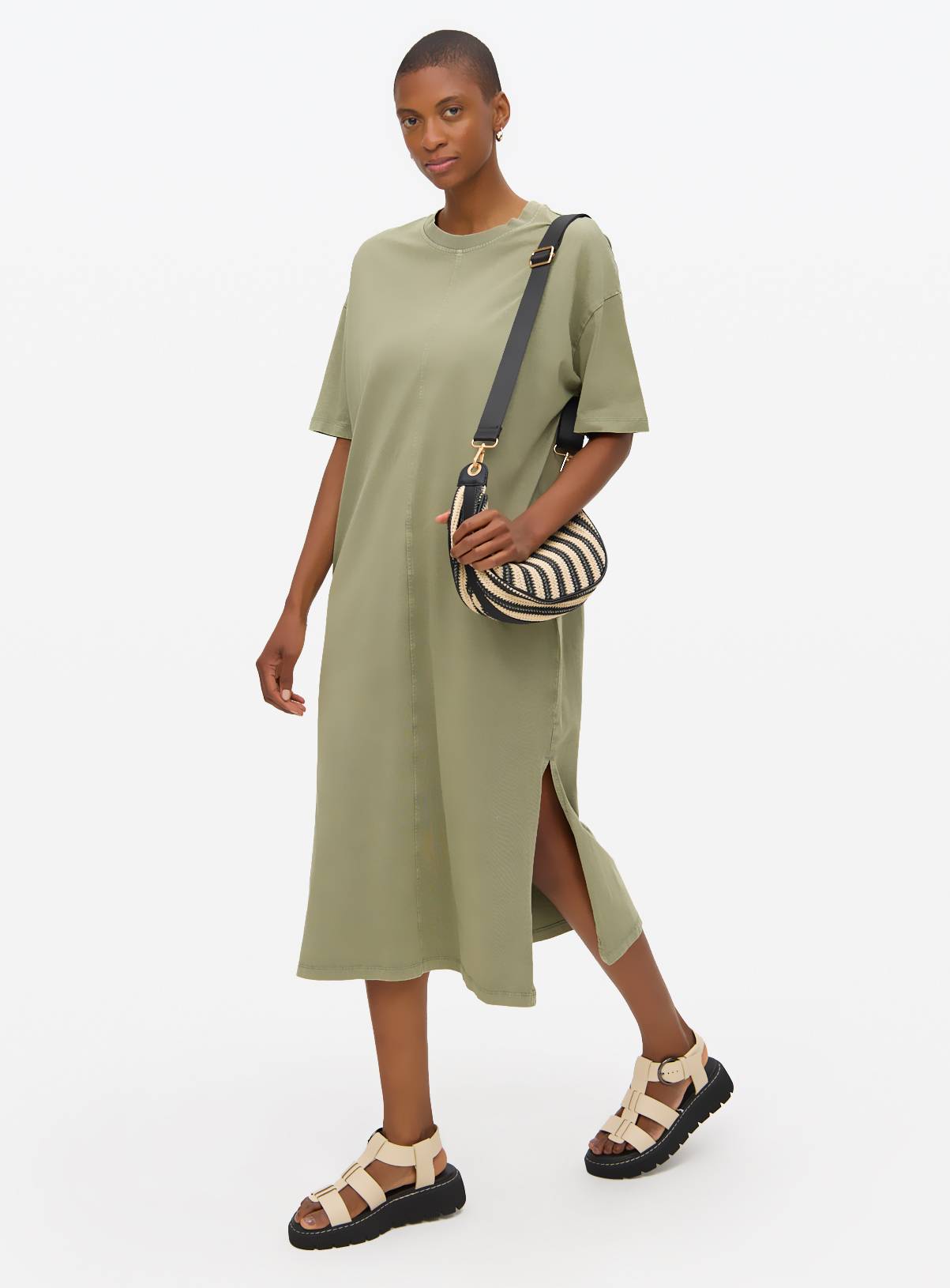Khaki Acid Wash Midi T-Shirt Dress L - Image 1
