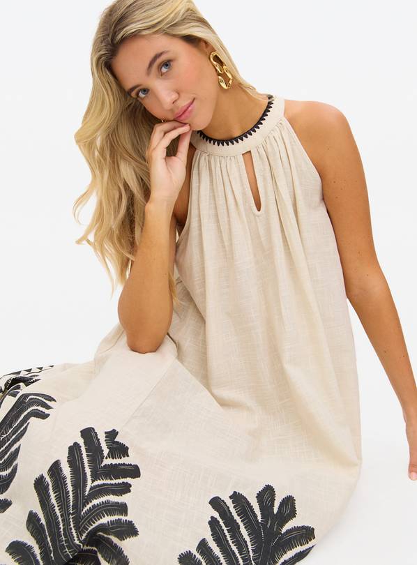 Neutral Leaf Printed Halter Neck Midi Dress 12