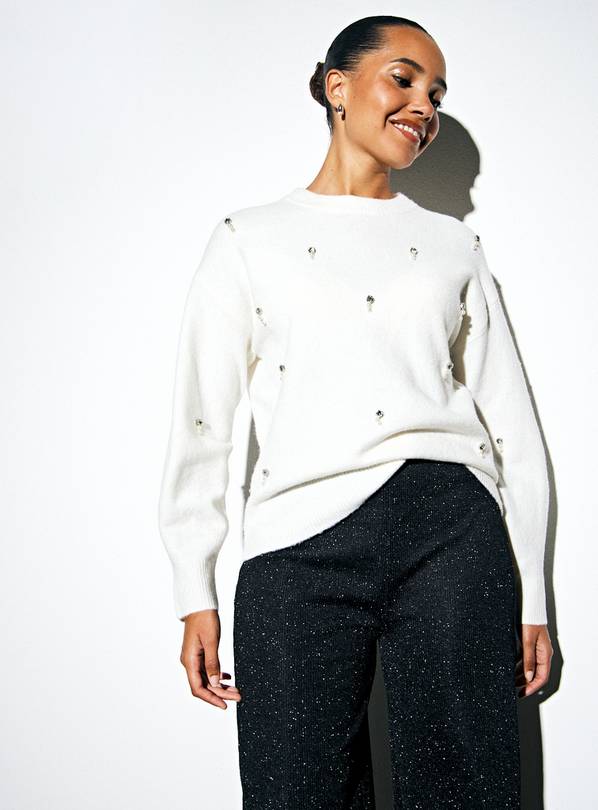 Cream Pearl Diamante Embellished Crew Jumper 22