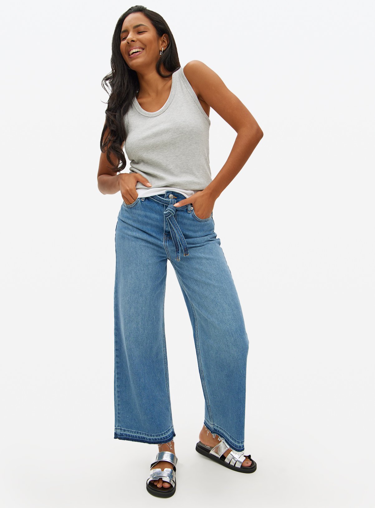 Mid Washed Denim Belted Wide Leg Jeans 20R