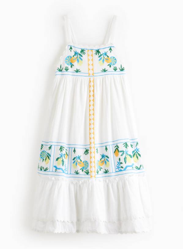 White Embroidered Lemons Woven Dress 5 years