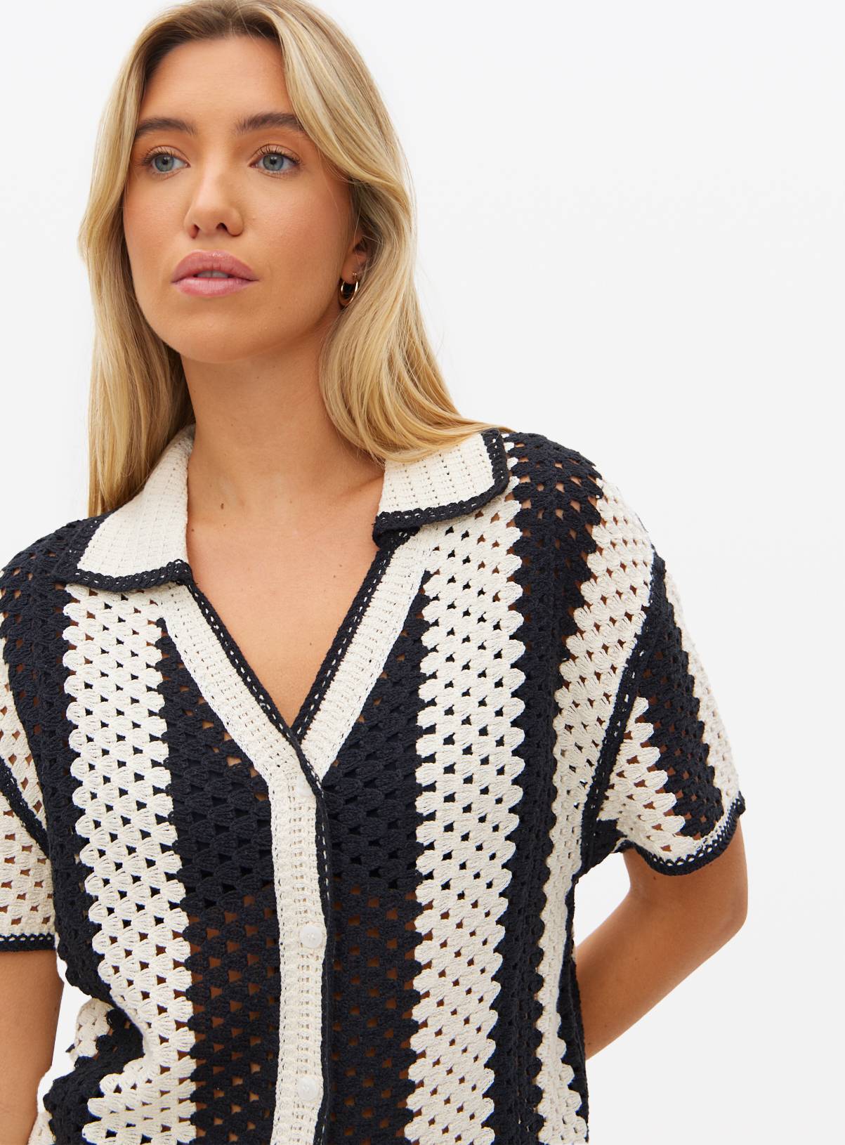 Mono Striped Co-ord Crochet Shirt M - Image 4