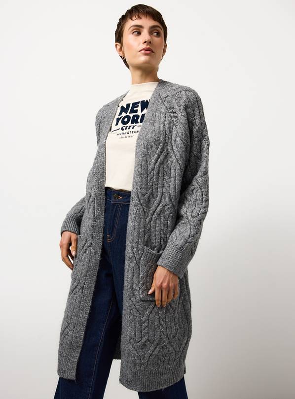 Charcoal Longline Cable Knitted Cardigan L