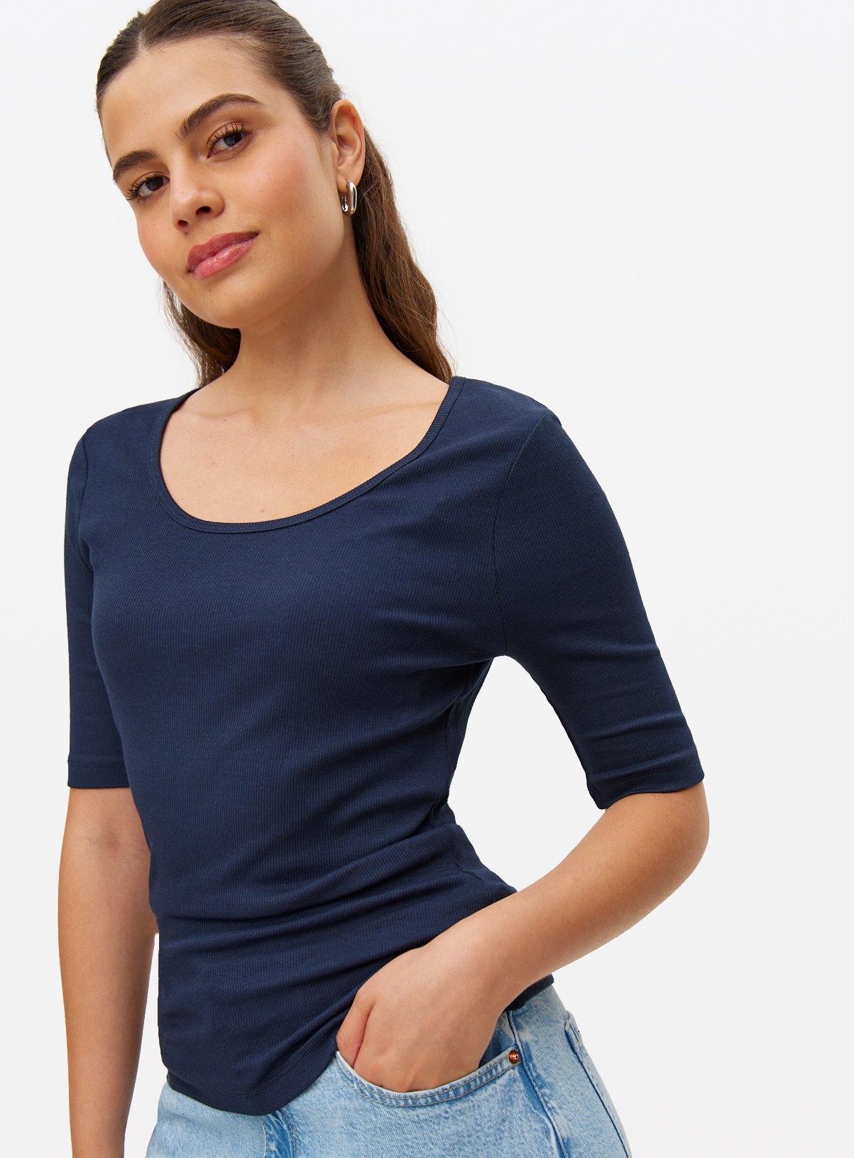 Navy Ribbed Scoop Neck Top