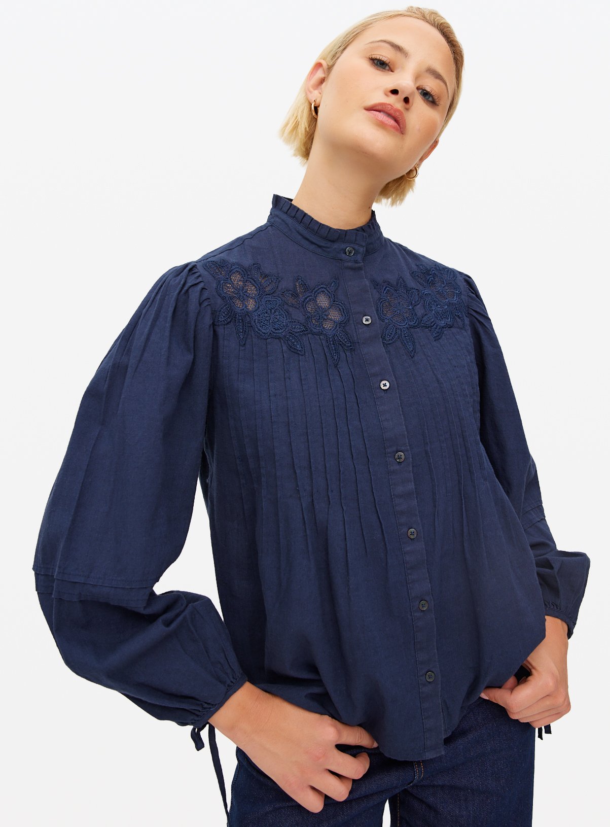 Navy Embroidered Pintuck Cotton Blouse