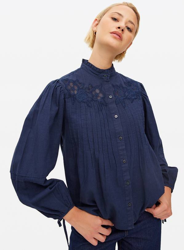 Navy Embroidered Pintuck Cotton Blouse 10