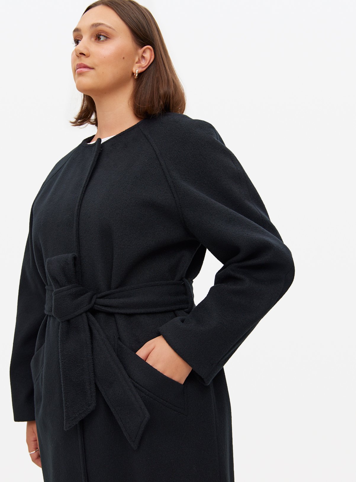 Black Collarless Belted Coat 14 - Image 3 thumbnail