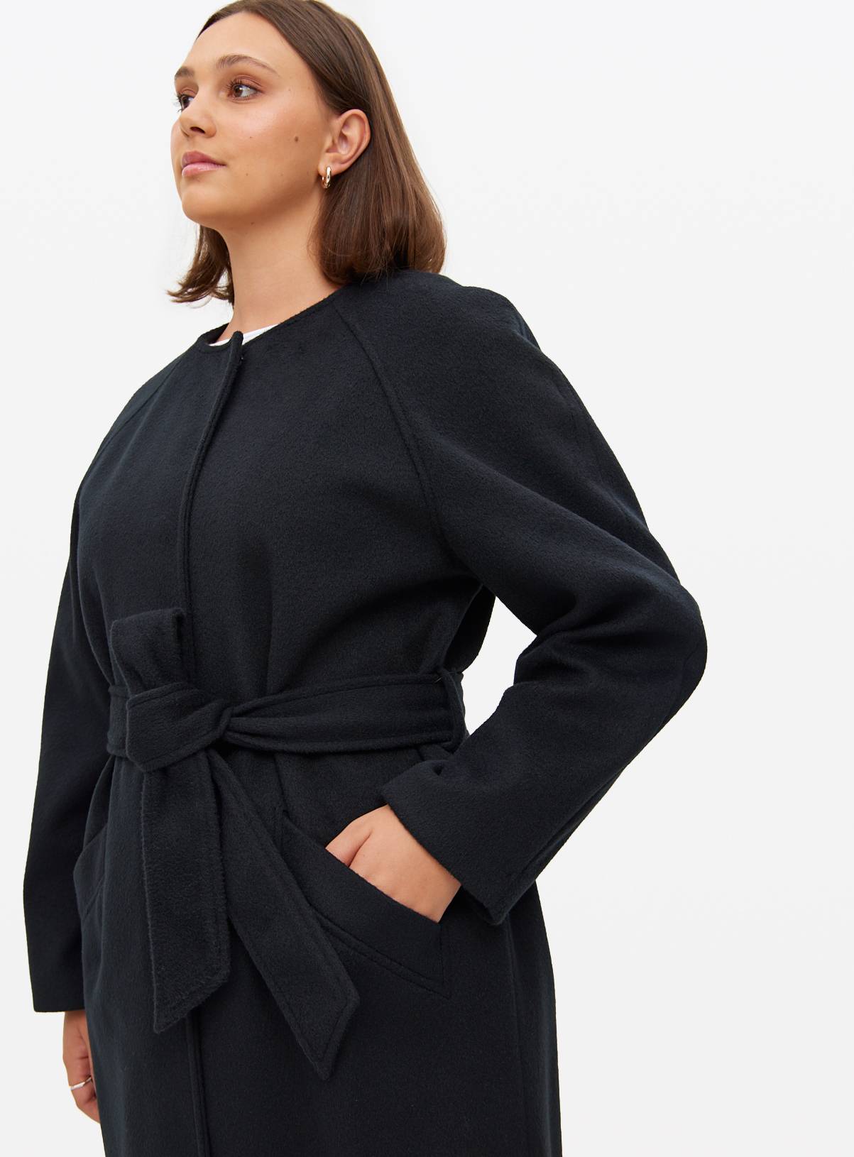 Black Collarless Belted Coat 14 - Image 3