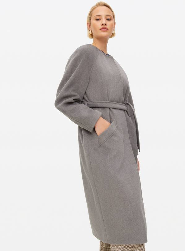 Grey Collarless Belted Coat 8