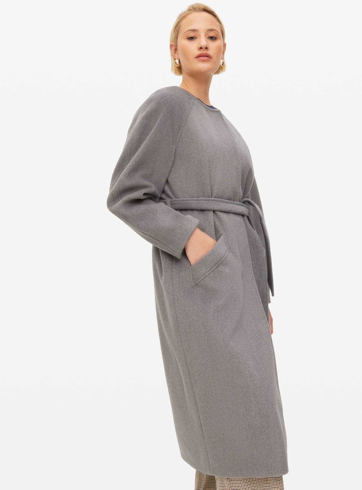 Grey Collarless Belted Coat 16 - Image 1