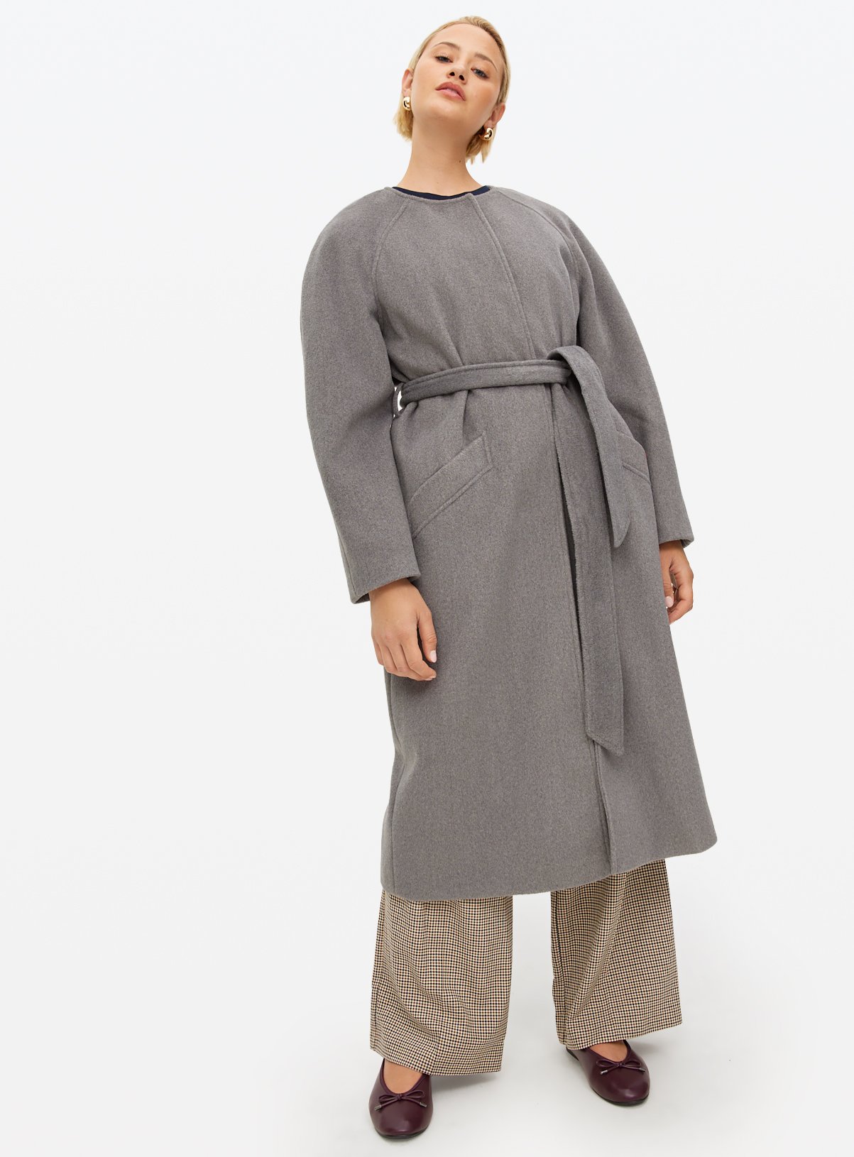 Grey Collarless Belted Coat 16 - Image 4 thumbnail
