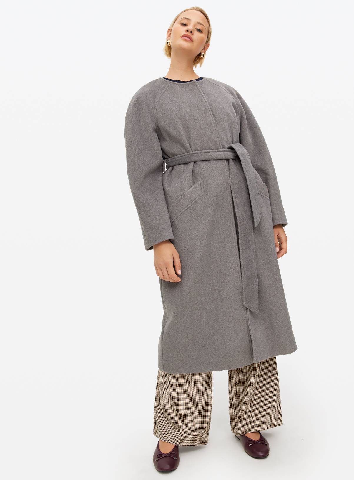 Grey Collarless Belted Coat 16 - Image 4