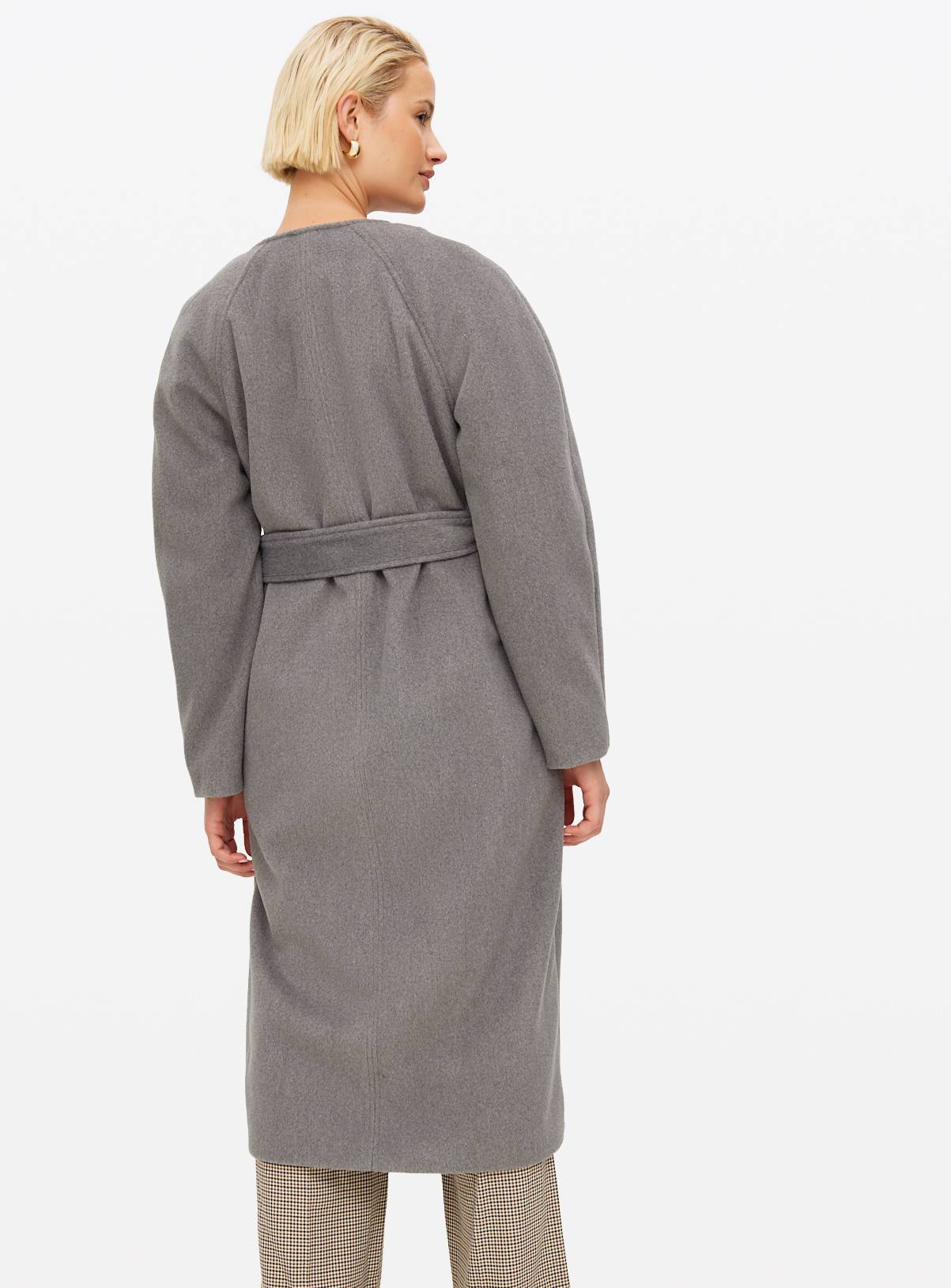 Grey Collarless Belted Coat 16 - Image 5