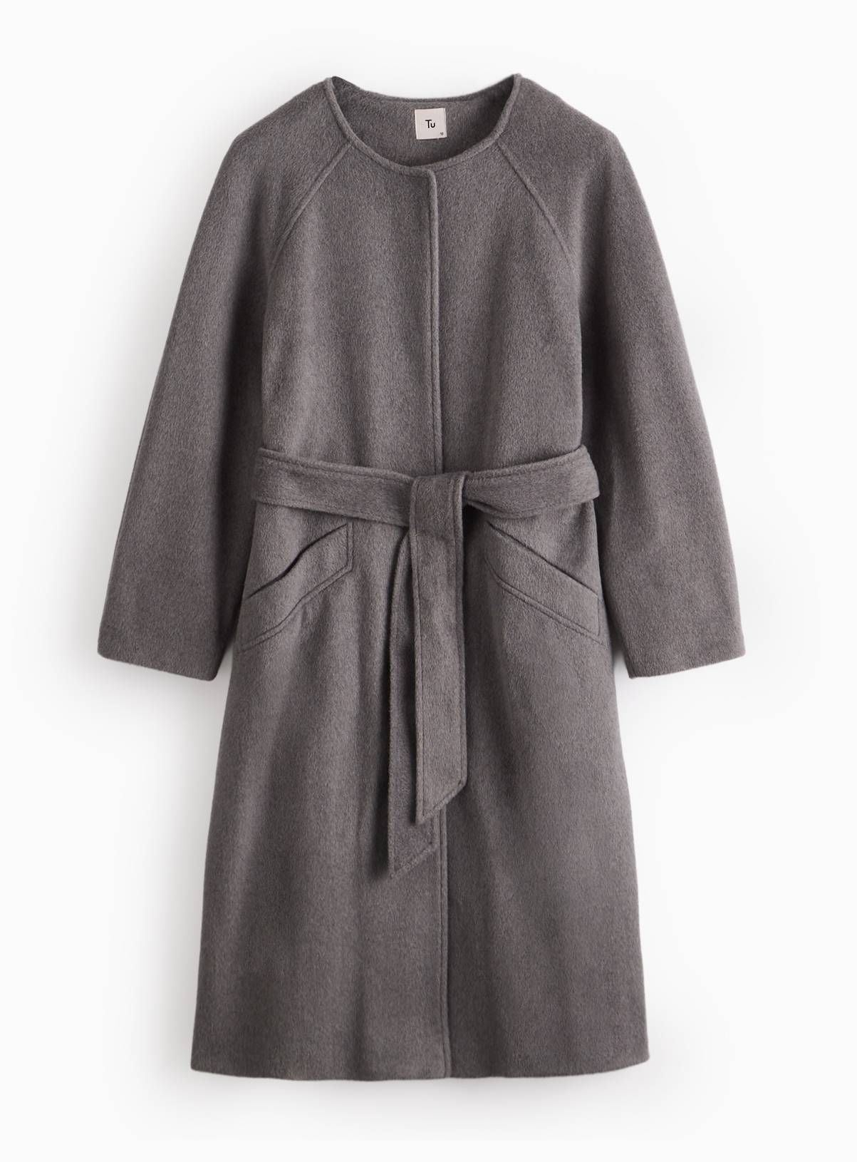 PETITE Grey Collarless Belted Coat  20 - Image 1