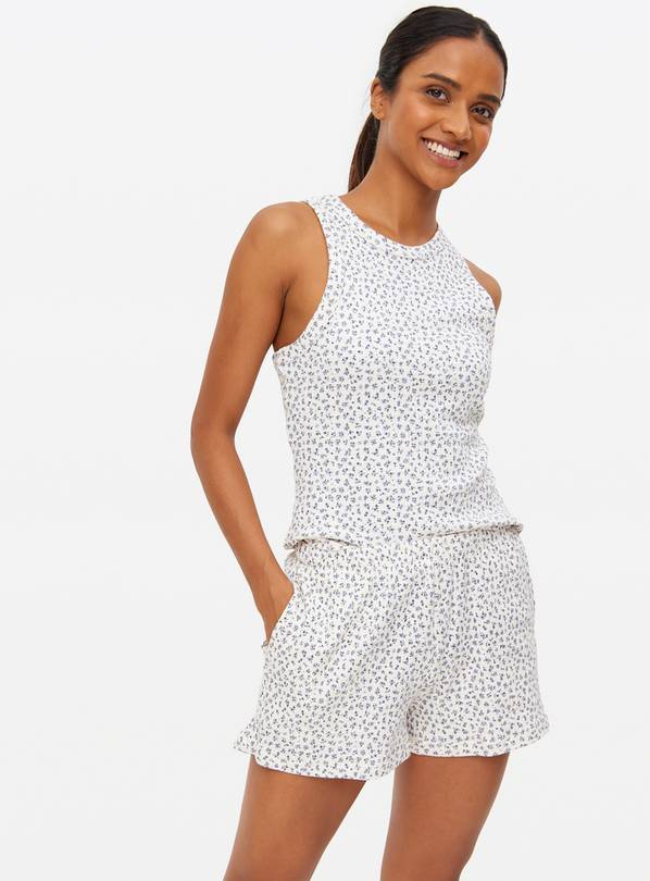 Blue Floral Printed Co-ord Waffle Pyjama Shorts  S