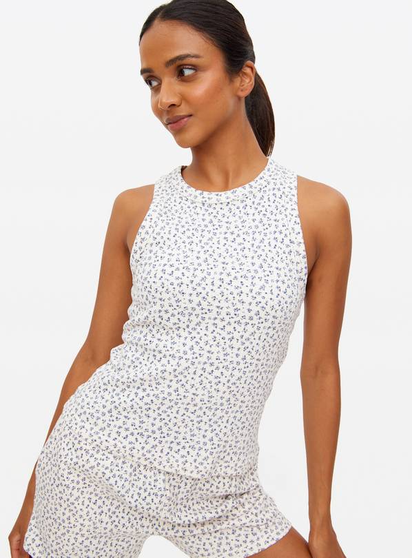 Blue Floral Printed Waffle Co-ord Pyjama Vest S