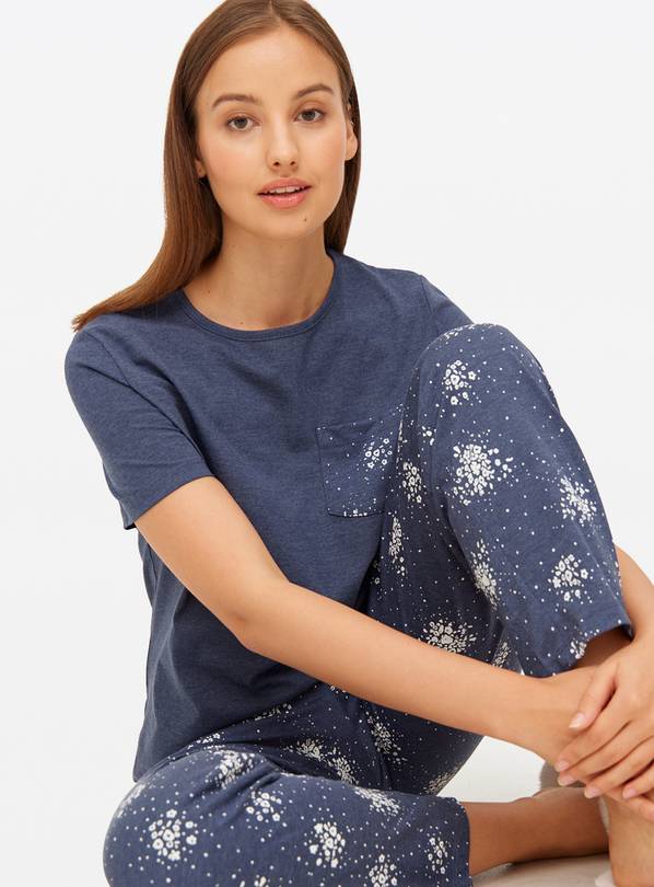Navy Floral Printed Jersey Pyjamas L