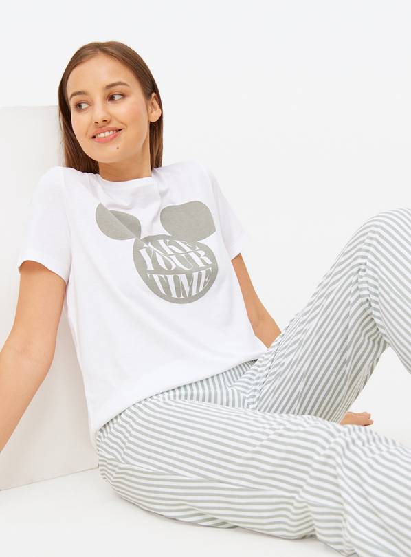 Sage Green Striped Mickey Mouse Slogan Pyjamas XXL