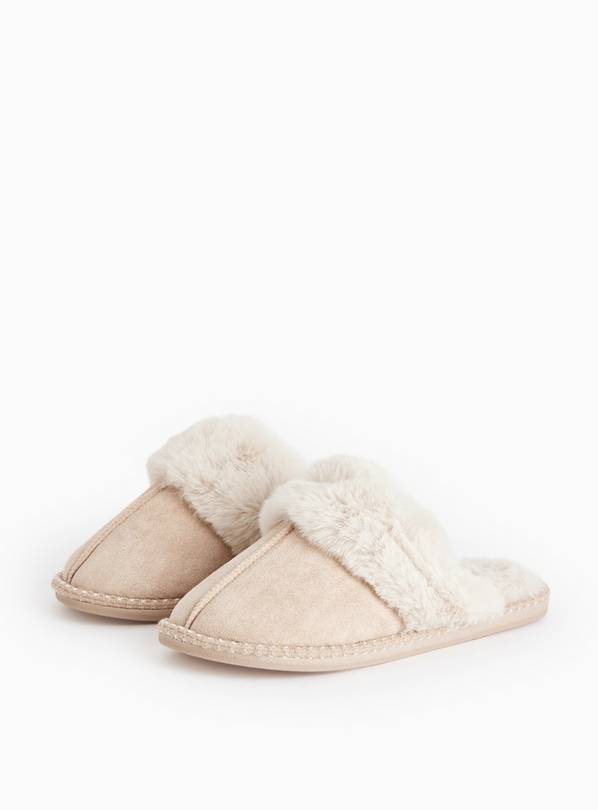 Stone Faux Fur Stitch Detail Mule Slippers S
