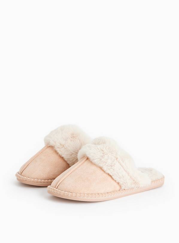 Pink Faux Fur Stitch Detail Mule Slippers S