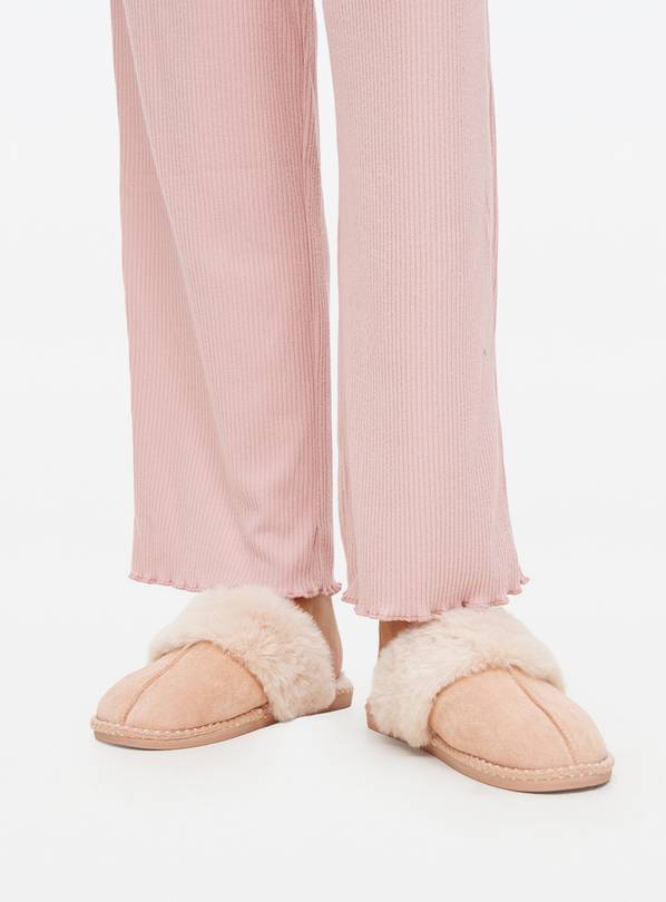 Pink Faux Fur Stitch Detail Mule Slippers M