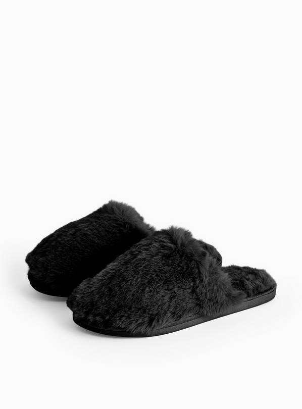 Black Plush Faux Fur Mule Slippers S