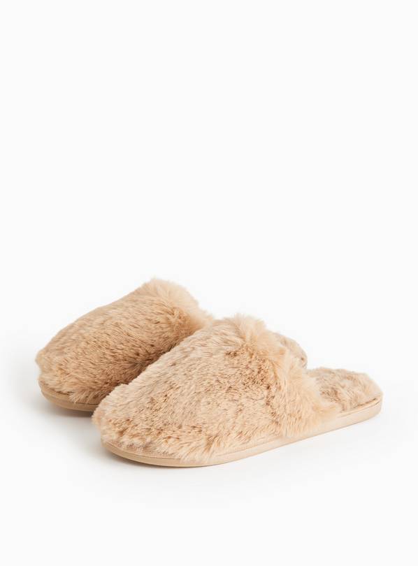 Brown Plush Faux Fur Mule Slippers L