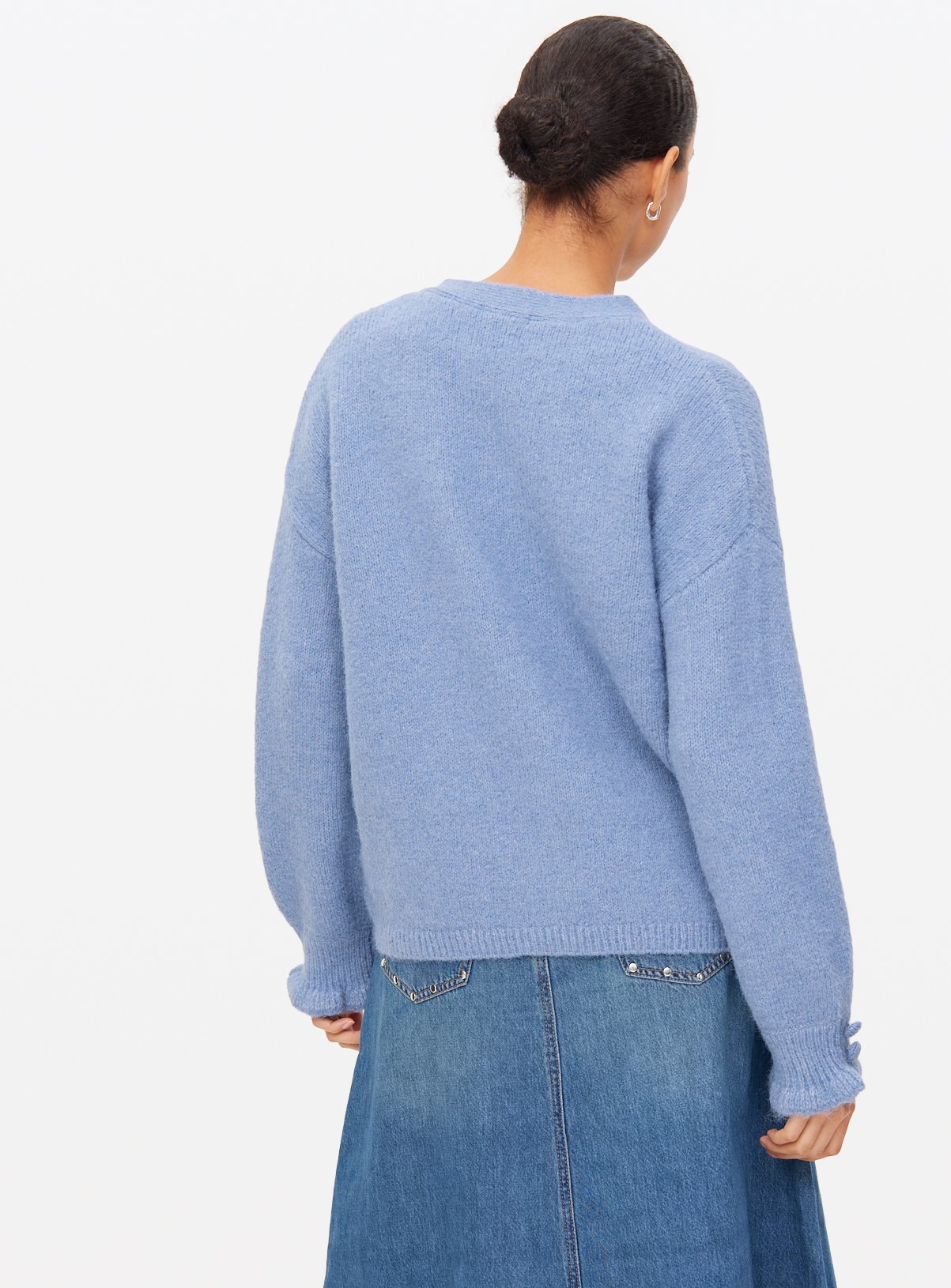 Blue V Neck Frill Detail Cardigan 20 - Image 4 thumbnail