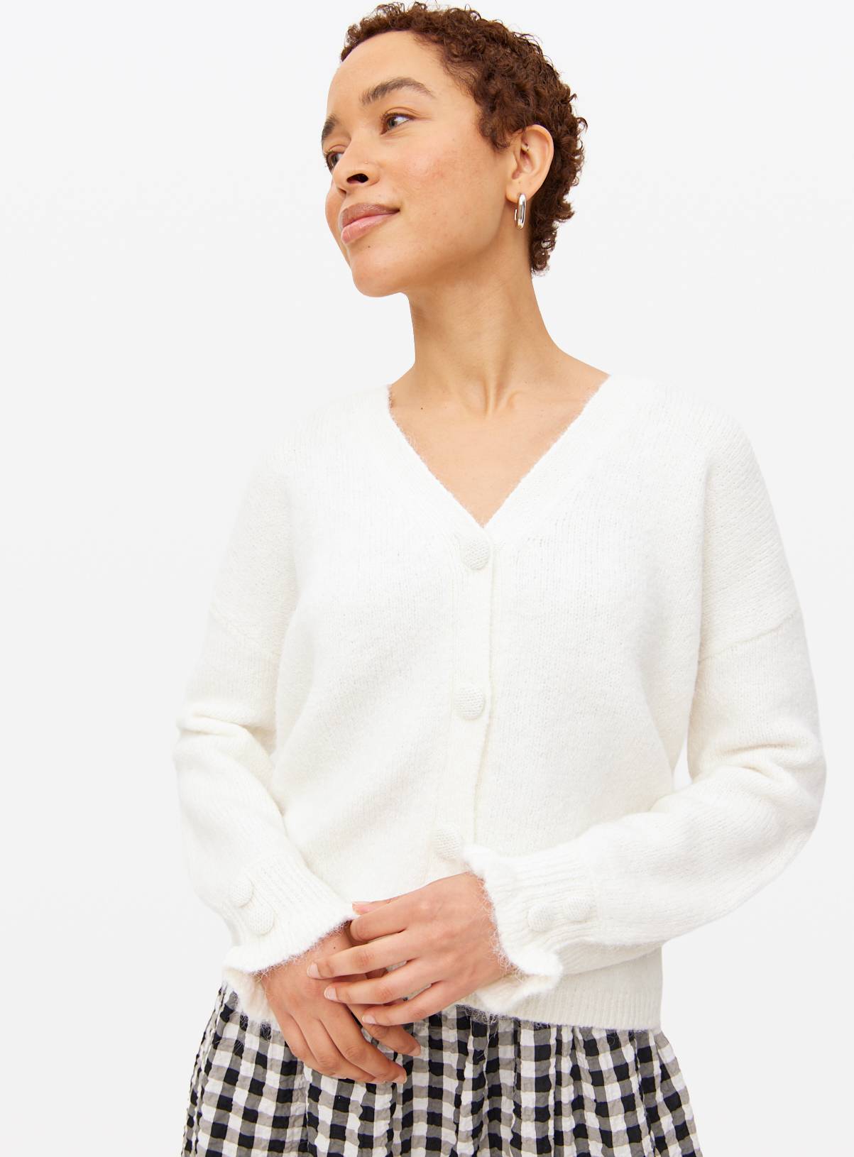 Cream V Neck Frill Detail Cardigan  24 - Image 1
