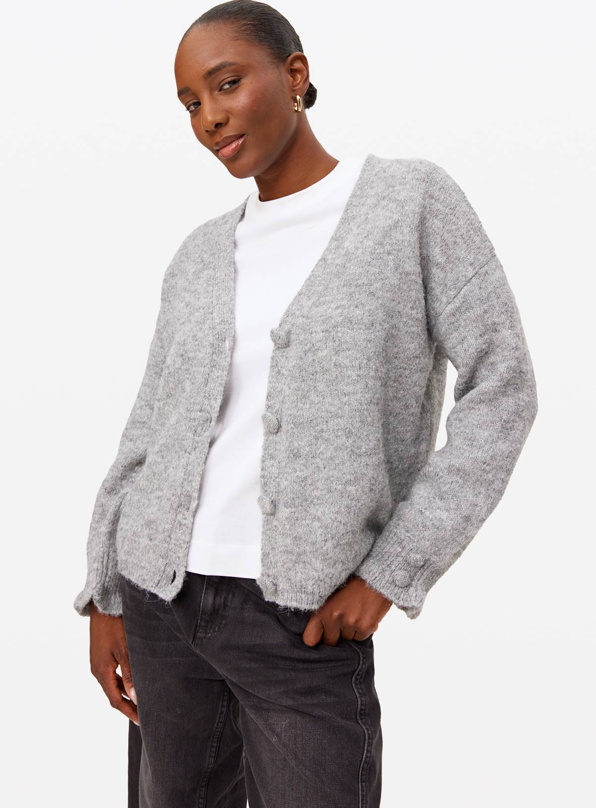 Grey V Neck Frill Detail Cardigan 16 - Image 1