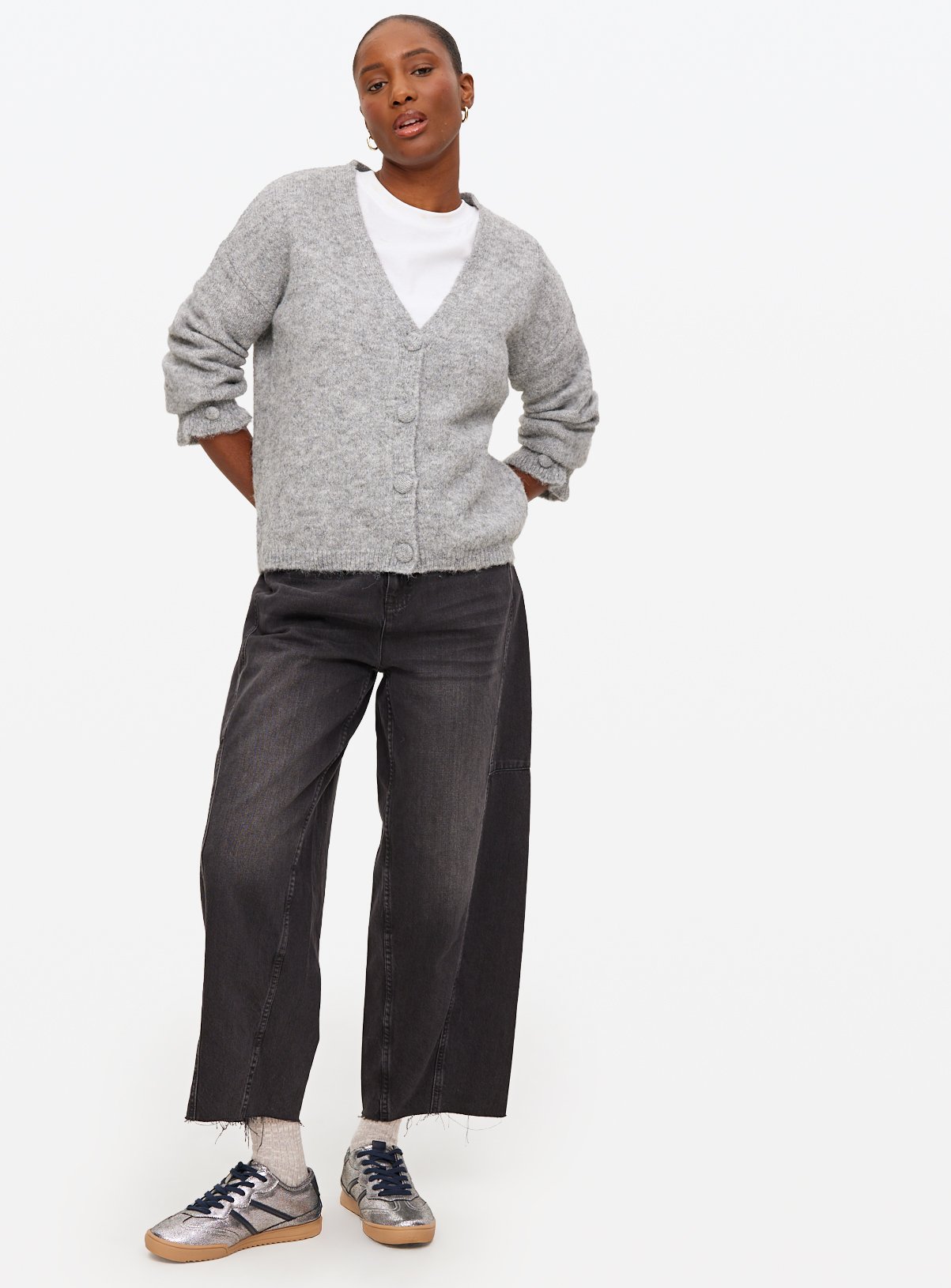 Grey V Neck Frill Detail Cardigan 16 - Image 2 thumbnail