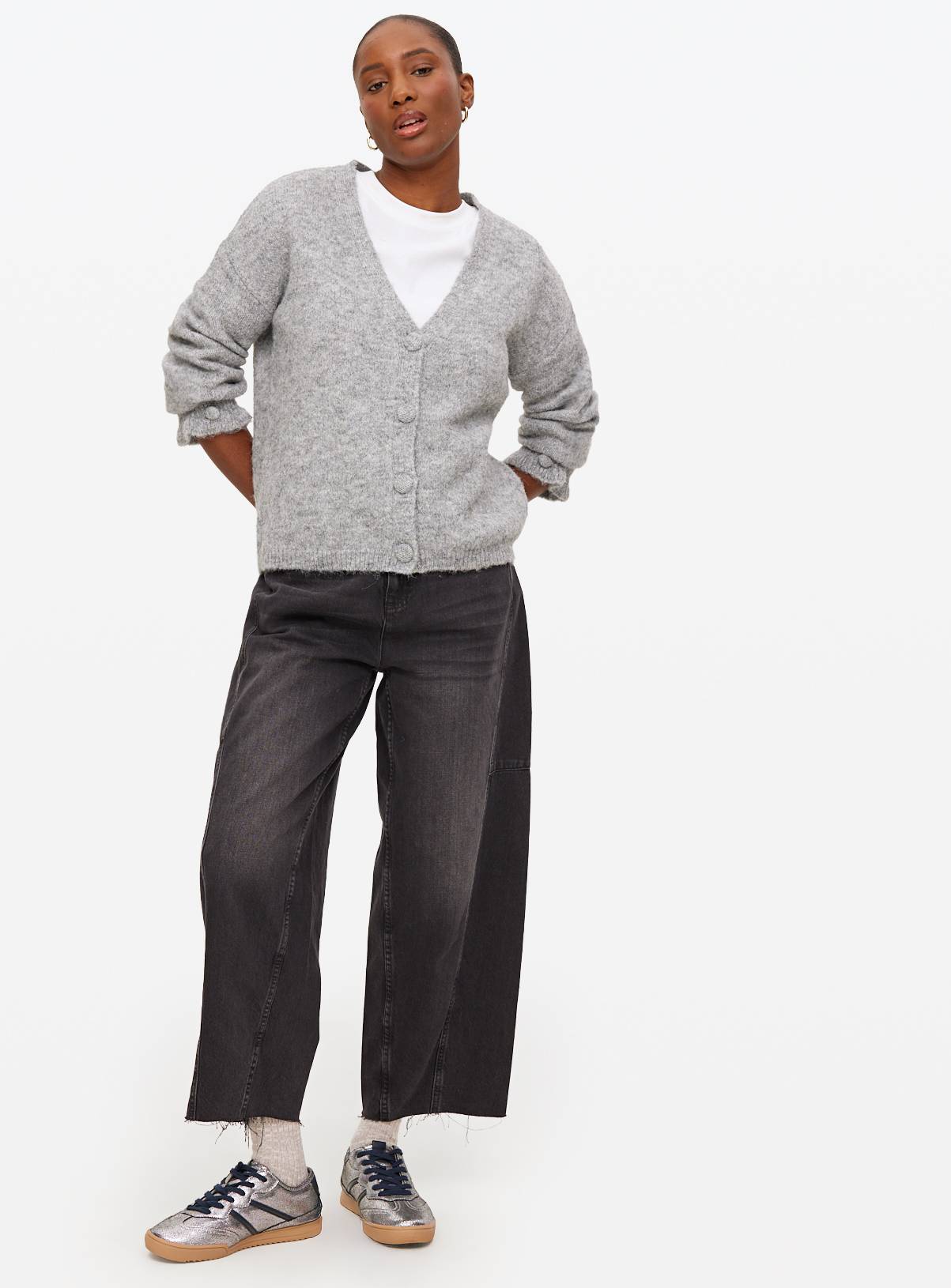 Grey V Neck Frill Detail Cardigan 16 - Image 2