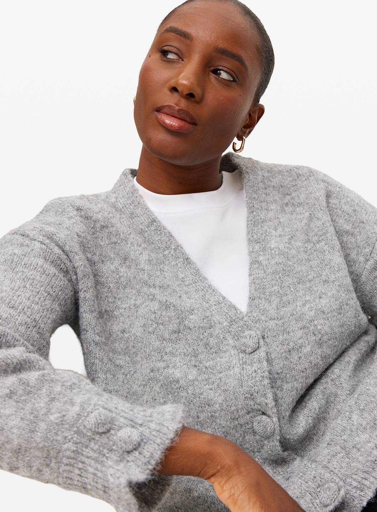 Grey V Neck Frill Detail Cardigan 16 - Image 3