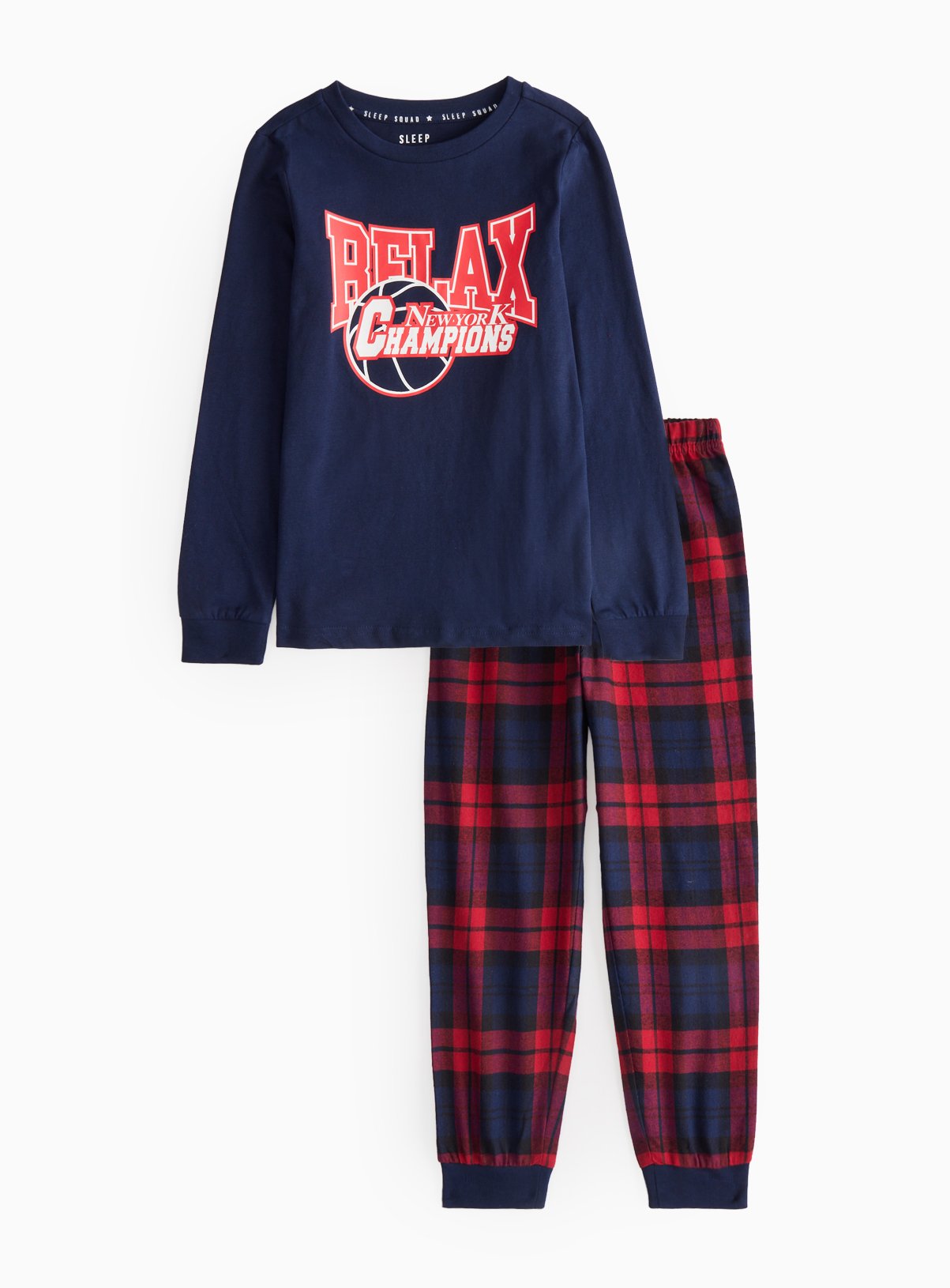 Navy Navy Relax Slogan Check Printed Pyjamas (8-9 Years) - Tu by Sainsbury's