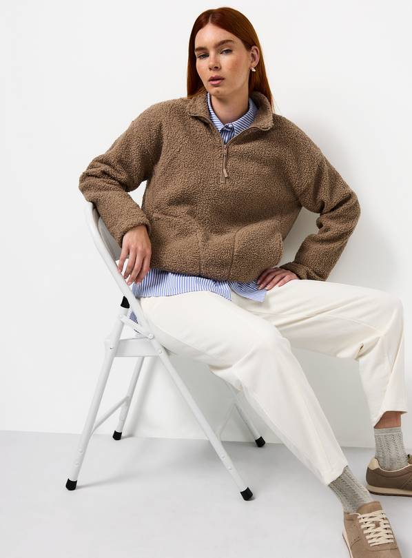 Taupe Quarter Zip Borg Fleece Jumper XS