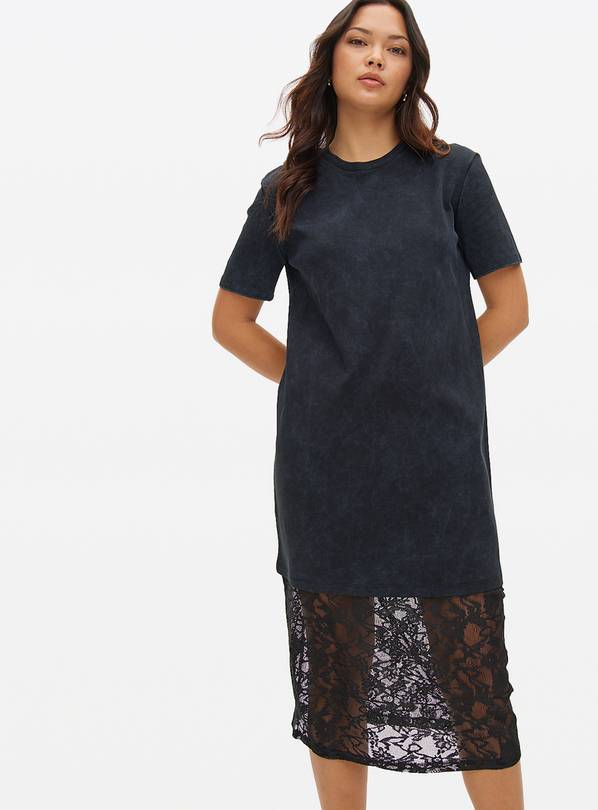 Black Lace Midi T-Shirt Dress XS