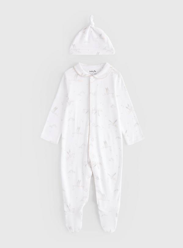Unisex White Stork Print Sleepsuit & Hat  3-6 months