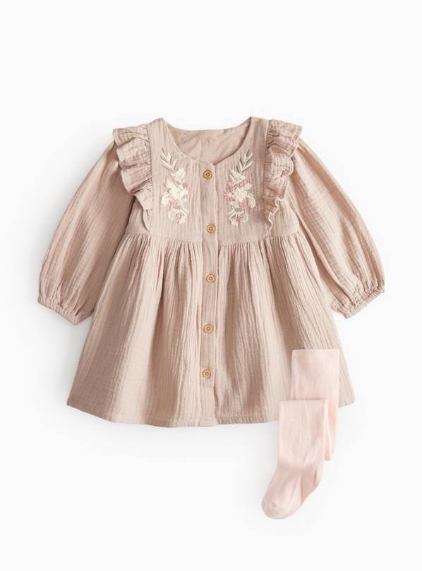 Brown Frill Double Cloth Dress & Tights Set  Up to 3 mths