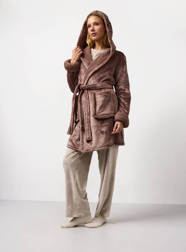 Chestnut Bonded Borg Hooded Dressing Gown S