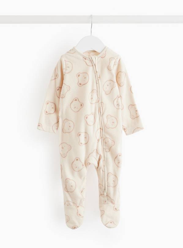 Beige Bear Face Print Fleece Sleepsuit  3-6 months