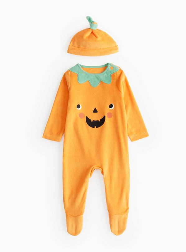 Unisex Halloween Pumpkin Velour Sleepsuit & Hat Set 3-6 months