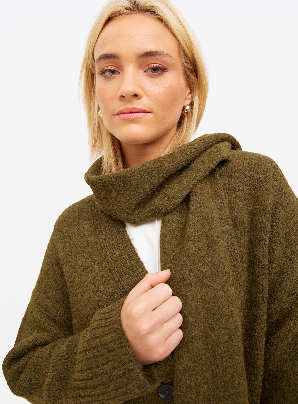 Green Knitted Cardigan With Scarf