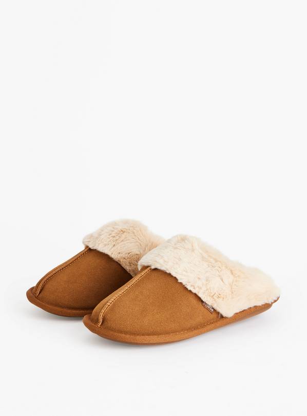 totes® Real Suede Tan Faux Fur Lined Mule Slippers L
