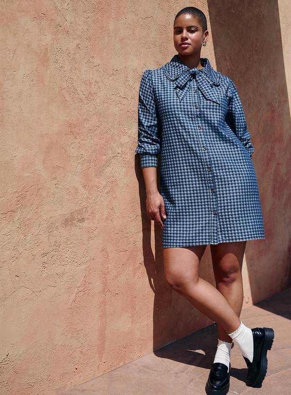Denim Check Collared Mini Dress 20