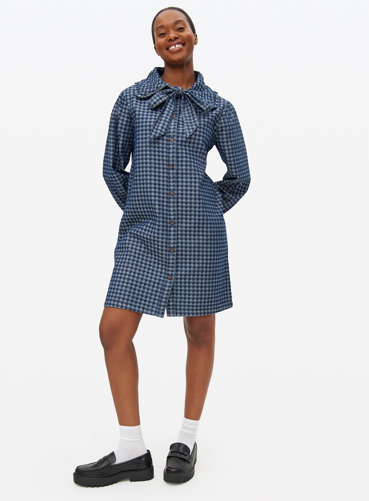 Denim Gingham Collared Mini Dress 8 - Image 4 thumbnail