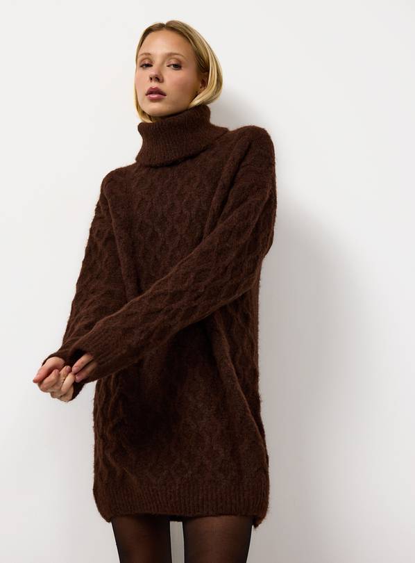 Buy Dark Brown Roll Neck Cable Knitted Dress L | Mini